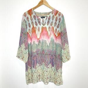 Citron Santa Monica V Neck Tunic Top Womens Large Multicolor Print Sheer